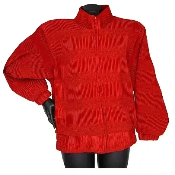 vintage 80s red scrunchy pleated windbreaker size medium sporty‎ zip up jacket